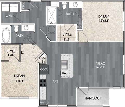 Floor plan for 2 beds, 2 baths, 1092 sqft